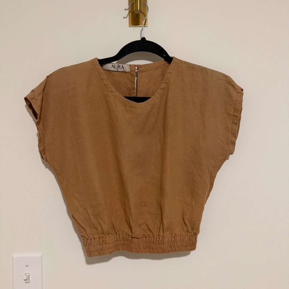 Aura Womens Linen Tiered Maxi Skirt and Crop Top Set Brown Small - Picture 3 of 5